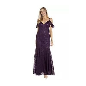 R&M Richards Size 8 Evening Gown Long Sequins Lace Dress Flutter Cap Sleeve NWT